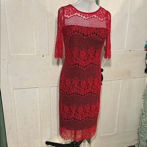 NWT Thalia Sodi Red Stretch Lace Overlay Dress Sz S/CH Bodycon Wiggle